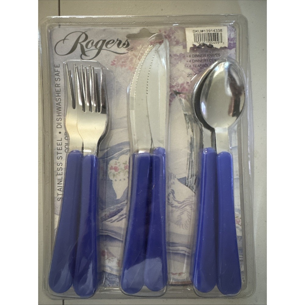 Vtg‎ Rogers Co JUBILATION Royal Blue Stainless Plastic Flatware Set Of 12 NOS
